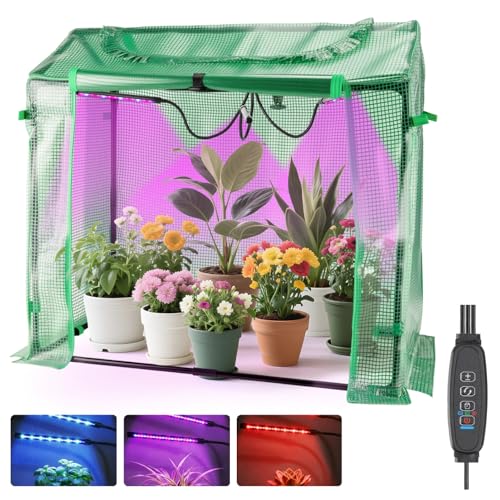 Vercome Mini Greenhouse with LED Grow Light & Timer, 36'×20'×33' Portable PE Plant Tent for Indoor Seed Starting, Balcony, Garage & Small Space Gardening