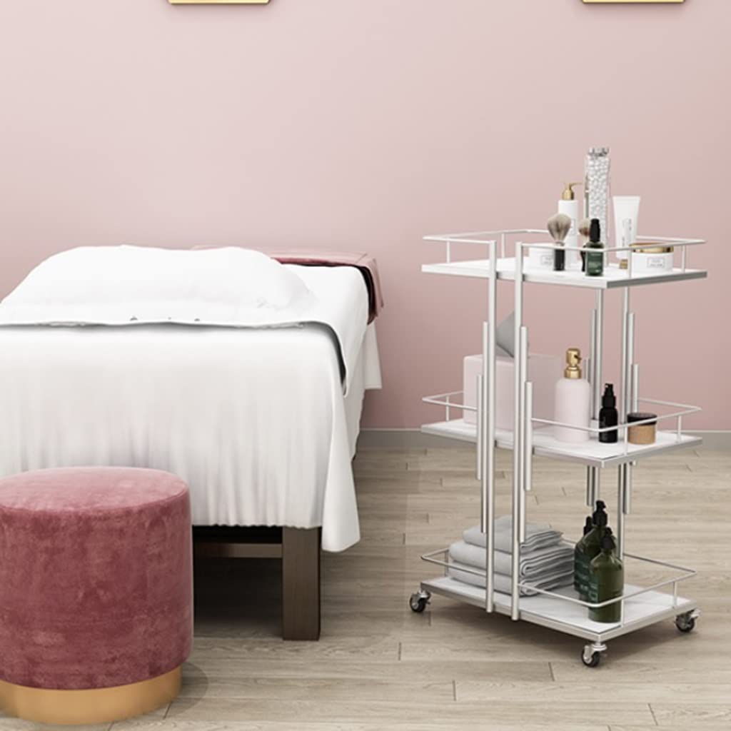 Carrito de almacenamiento de metal con ruedas bloqueables de 3 niveles, organizador para belleza, spa, cosmetología, tatuajes, manicura, herramientas faciales, color plateado