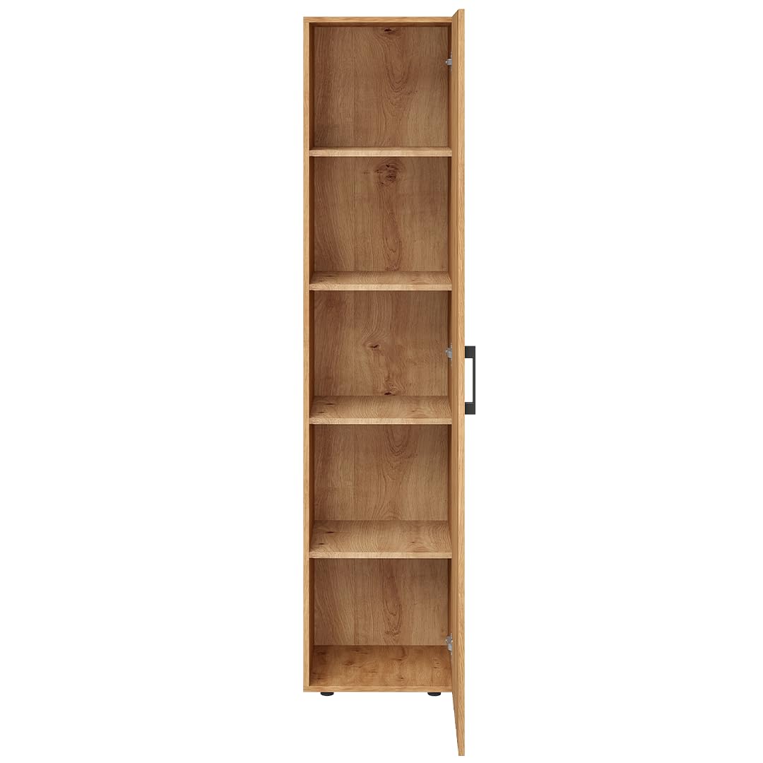 Bellamio Apol Aktenschrank 40 cm, mit 5 Fächern, Eichenoptik aus Holz | Mehrzweckschrank breit, Hochschrank schmal, Aufbewahrungsschrank & beidseitig montierbare Tür, Büroschrank, Flurschrank