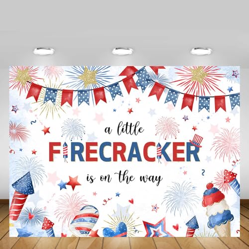 MEHOFOND Red White and Blue Glitter A Little Firecracker is On The Way Banner, Little Firecracker Baby Shower Decorations for 4th of July Baby Shower Party Backdrop 7x5ft