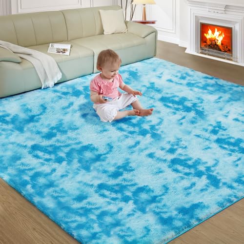 Ultra Soft Rug for Living Room, 8X10 Fluffy Shag Area Rug for Bedroom, Modern Shaggy Carpets Fuzzy Rug for Teens Dorm Nursery Home Decor Aesthetic, Upgrade Anti-Skid Durable, Tie-Dyed Blue