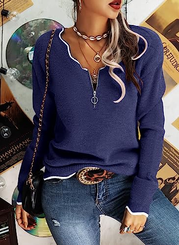 Image of Hongqizo Women's V Neck Long Sleeve Sweater Half Zipper Knit Sweater Casual Cricket Stripe Jumper Pullover Knit Tops