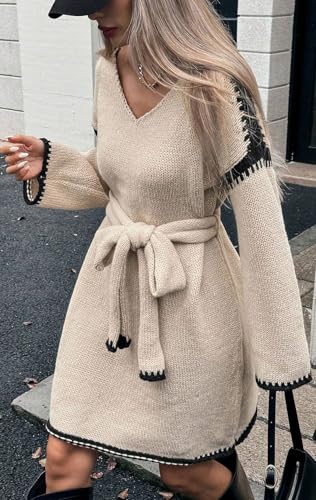 CHARTOU Causal Loose Straight Fit Sweater Dress for Women Fall 2025 Outfit Contrast Jumper Knit Sweater with Belt4