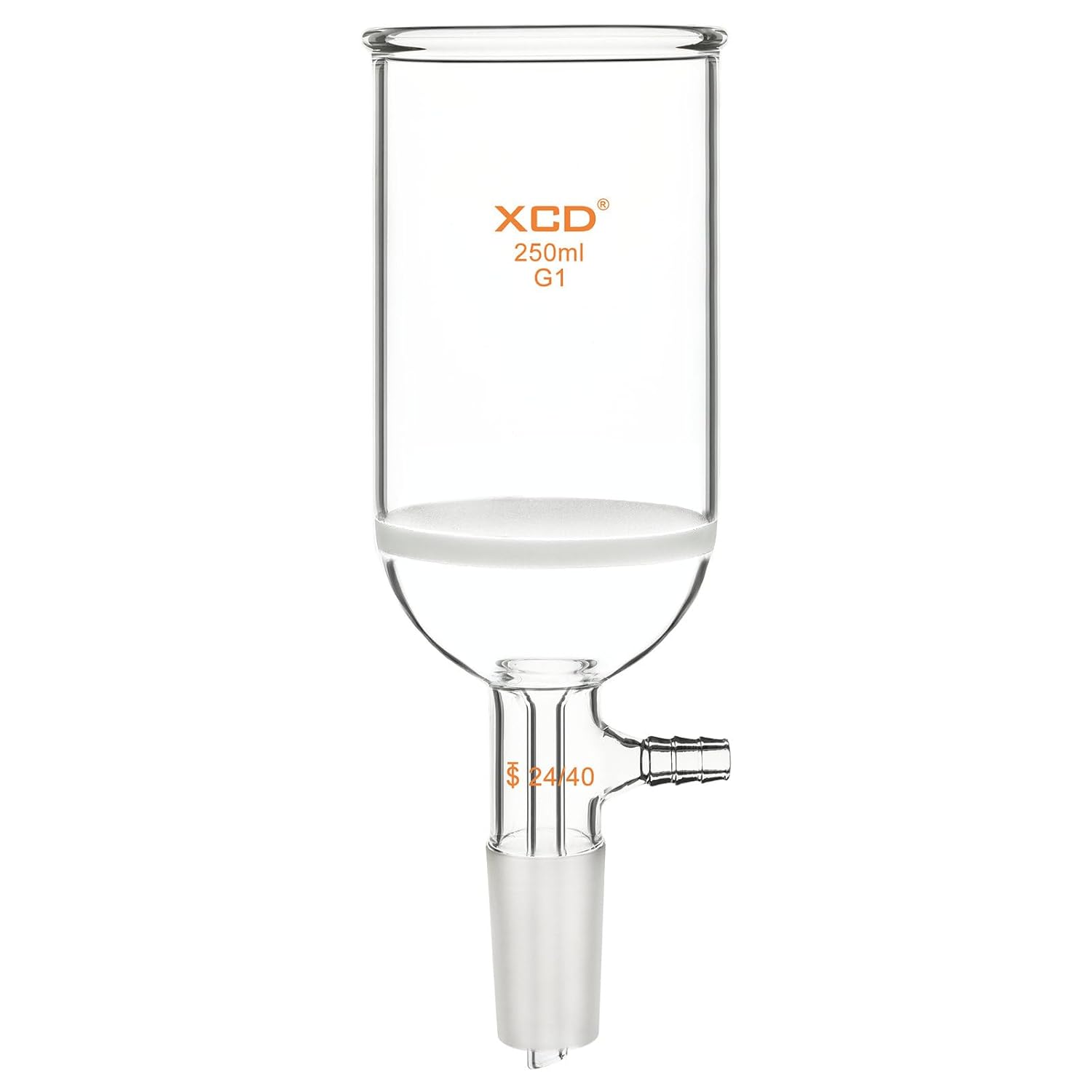 XCD Buchner Funnel with Coarse Frit (G1), 250 ml Borosilicate Glass Buchner Filtering Funnel 24/40 Joint with Vacuum Serrated Tubulation, 76mm ID, 80mm Depth