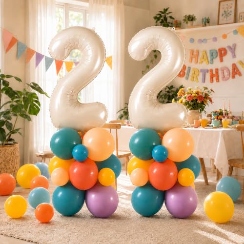 Image of 40 Inch Boho Rainbow Number 2 Balloon Tower for 2nd Birthday Decorations