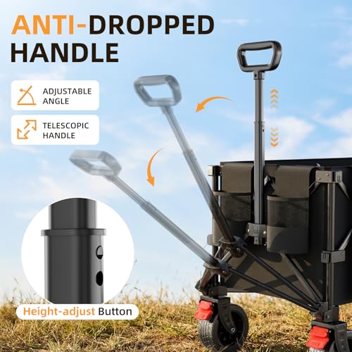 Image of 220L Collapsible Wagon Cart, 39 inch L Extended Frame and 440Lbs Heavy Duty, Lightweight 15lbs Folding Garden Cart with Silent All-Terrain Wheels for Beach, Camping Grass and Grocery, Black