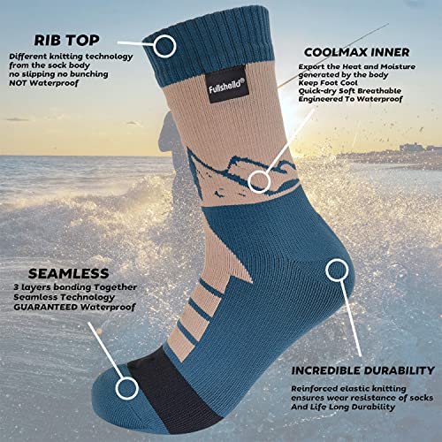 Fullsheild Unisex Waterproof Socks For Men Women Weatherproof Outdoor Gear Hiking Trekking Camping Fishing Golf Cycling Skiing Kayaking Blue&Khaki Medium #TOP3