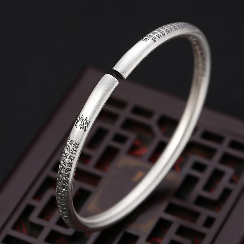 Pulsera Retro de Plata Pura 999 Feng Shui, Mantra Budista Tibetano Sutra del corazón, Ajustable Hecha a Mano for Riqueza, Felicidad, Buena Suerte y Prosperidad, joyería Espiritual(C)