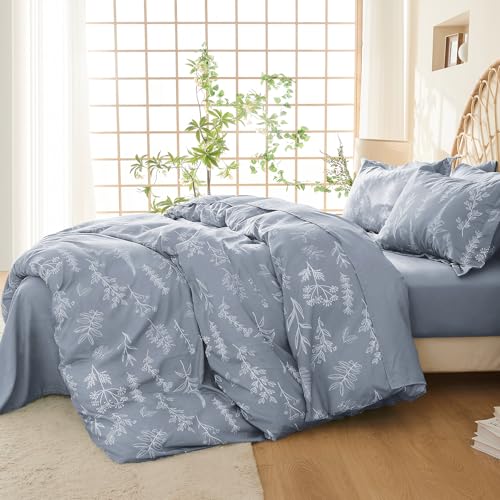 MUXHOMO Duvet Cover King Size, Reversible Floral Grey Duvet Cover Set with Zipper Closure, 3 Pieces Botanical Patterns Soft Microfiber Bedding Set (90"x104", 2 Pillow Cases 20"×36")