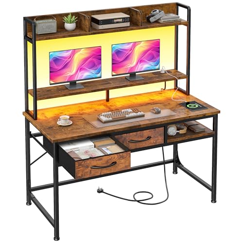 Image of DurayLoly 39.4 inch Office Desk with Shelves & Monitor Stand, Computer Desk with Hutch&Drawers, LED Lights & Power Outlet, for Modern Home Office & Bedroom, Small Space, Rustic Brown