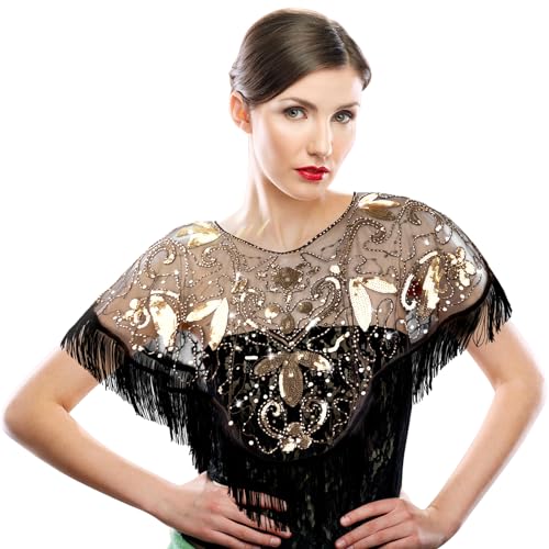 Damen Festlich Stola, 20erJahre Accessoires, Pailletten Schal und Wraps Damen,1920er Vintage Abend Cape Stola für Retro Gatsby Party Kostüm (Schwarzes Gold)
