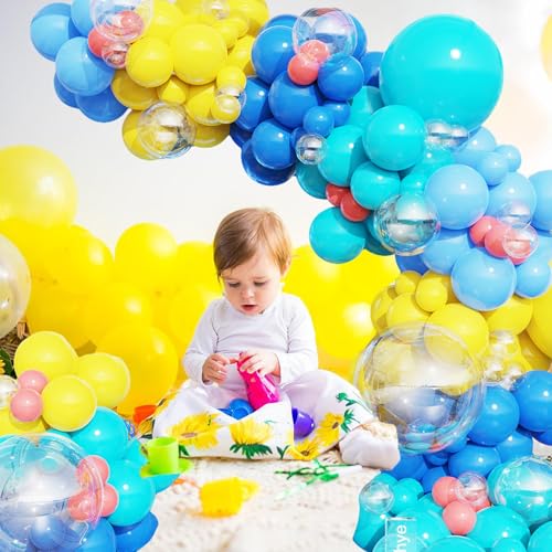 Image of 152pcs Cartoon Sponge Balloon Arch Kit,Yellow Blue Pink Clear Balloons For Cartoon Sponge Baby Shower Party Decorations Under The Sea Ocean Theme Birthday Party Supplies