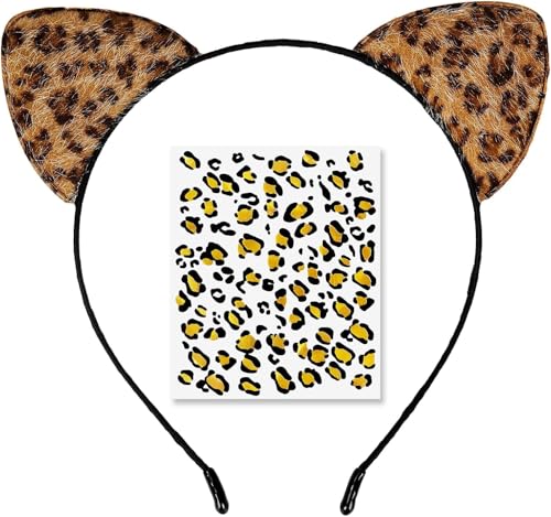 LUYANFX Cerchietti Orecchie da Leopardata, Cerchietti Orecchie da Leopardo con Adesivi Viso, Accessori Costume Cosplay per Feste di Halloween Carnevale, Feste in Maschera (A)