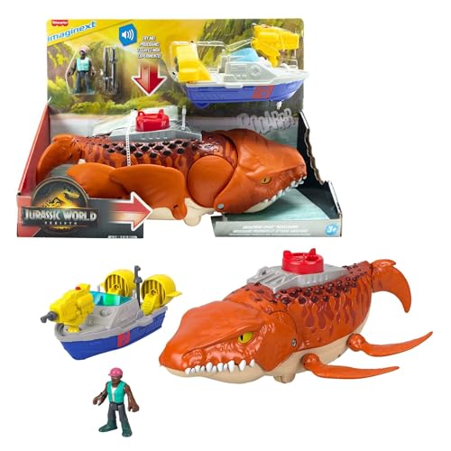 Fisher-Price Imaginext Jurassic World El Renacer, Mosasaurio persecución y mordiscos acuáticos Dinosaurio de juguete de 45 cm con figura de acción de 7,6 cm, lanzador, lancha y 2 proyectiles, JFR23