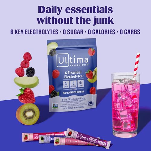 Image of Ultima Replenisher Berry Bliss Variety Electrolyte Packets, 20 Stickpacks | Daily Zero Sugar Powder Hydration Packets with 6 Key Electrolytes & Minerals - Sugar Free, Plant Based & Keto Friendly