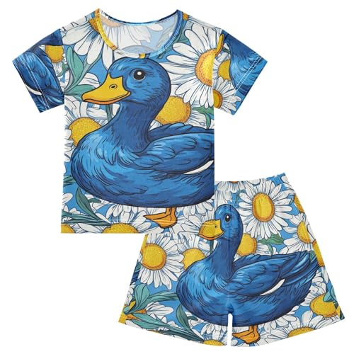 Cute Blue Duck Floral Flowers Summer Pajamas Set 2 Piece Short Cotton Sleepwear, 5-14 Years