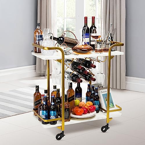 Jubao Deluxe Gold Bar Cart, With Glass Holders And Wine Racks, Modern Marbled Solid Wood Cart On Silent Wheels, 2-Tier Premium Texture Bar Cart For Kitchen And Dining Room Outdoor #TOP3