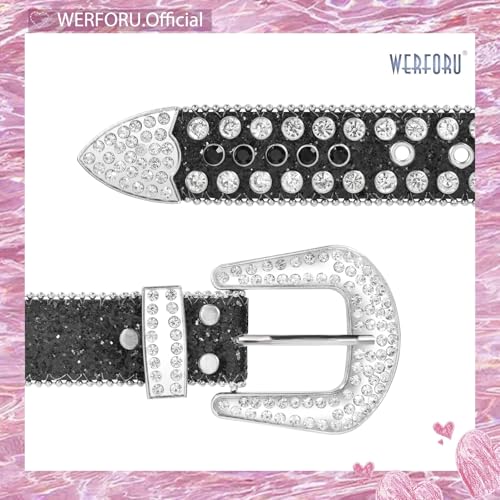 Image of WERFORU Women Men Western Rhinestone Studded Leather Belt Unisex Bling Cowgirl Cowboy Waist Belt for Jeans Pants Dress