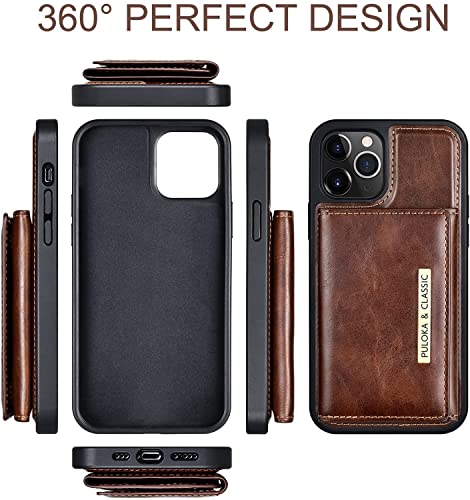 Image of PULOKA Wallet Back Case - Compatible with iPhone 14 Pro - Vegan Leather Phone Cover - Detachable Card Holder Case with Kickstand - Shockproof, Anti Scratch & Raised Edges for Protection - Brown