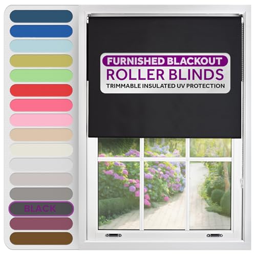 FURNISHED Roller Blinds Thermal Blackout Roller Blind - Trimmable Insulated UV Protection Child Safe Easy Fit Home Office Window Blinds, Black, 60W x 165H cm