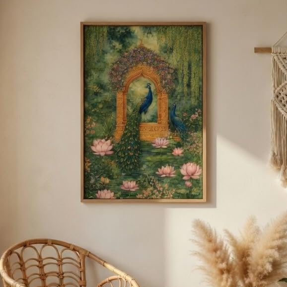 Image of Livin'luxe Royal Peacock Garden Wall Painting with Wooden Frame | Elegant Peacock Lotus Artwork HD UV Laminated MDF Wall Decor | Traditional Nature Wall Art for Living Room Bedroom