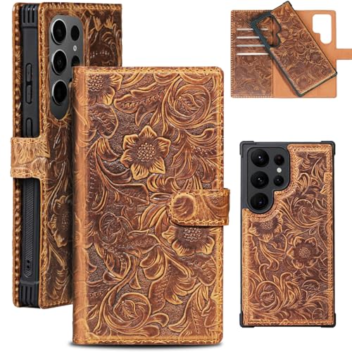 RMAWRAD Leather Case Wallet Compatible with Samsung Galaxy S25 Ultra,Genuine Leather2-in-1Magnetic Detachable Shockproof,Flip Folio Cover with Card Slot, RFID Blocking Dark Brown