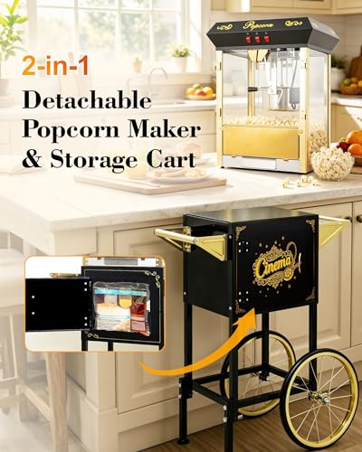 Image of Large Popcorn Machine with Cart: Vintage Commercial Popcorn Maker Movie Theater Style Makes Up to 64 Cups for Home Party Office, 16 Oz Popcorn Machine with Cart, Black