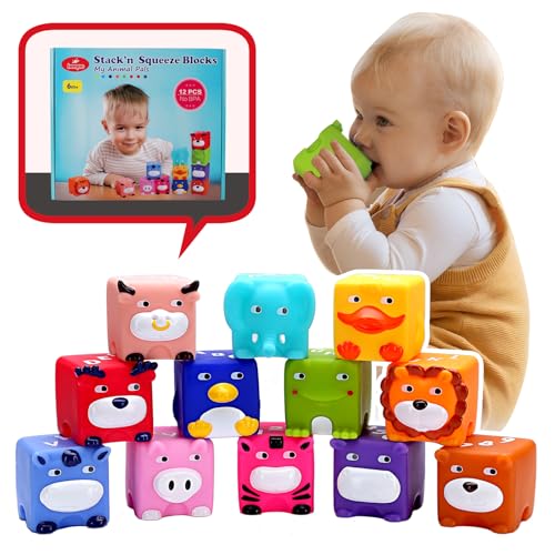 beeqoo Soft Baby Blocks – Stacking & Building Toys for Babies and Toddlers – 12 No Hole Squeeze Animals Blocks – Sensory Teething Toys for Infant 6 Months+