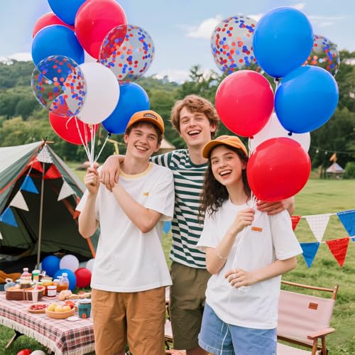 Image of Red White Blue Latex Balloons 68 Pack, 12 Inch Patriotic Balloons with Confetti, Party Decorations for 4th of July, Independence Day, Graduation, Birthday, Air Helium Fill.