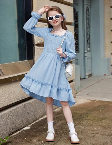 Arshiner Girls Dresses Puff Long Sleeve Fall Winter Smocked High Low Swing Midi Dress with Pockets4