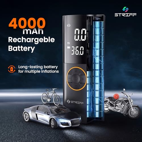 Image of STRIFF EZ air tyre Inflator with 150 PSI Pressure, 4000 mAh Battery PowerBank,Tyre Inflator Digital Display, Pressure Detection, 5 Air Fill Modes Tyre Pump Compressor for Cars, Bikes, Bicycles & Balls
