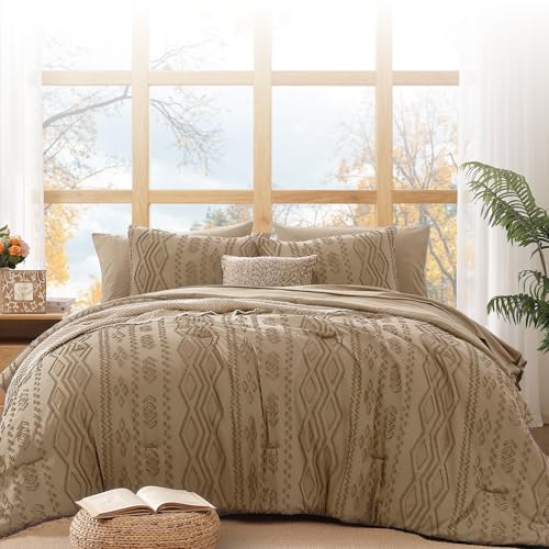 Image of WRENSONGE Full Size Comforter Set with Sheets - 7 Pieces Light Brown Tufted Bed in a Bag Full Shabby Chic Bedding Sets with 1 Comforter, 2 Sheets, 2 Pillowcases & 2 Shams