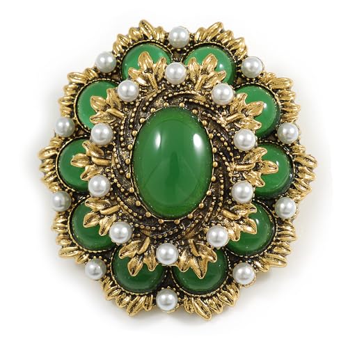 Broche ovale en verre vert et perles dorées style vintage chic pour veste