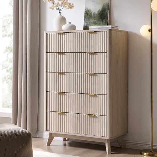 Image of T4TREAM Fluted 5 Drawers Dresser, 48 inch Tall Modern Chest of Drawers, Curved Profile Design, Wood Drawer Organizer for Bedroom, Living Room, Hallway, Entryway, White Alder