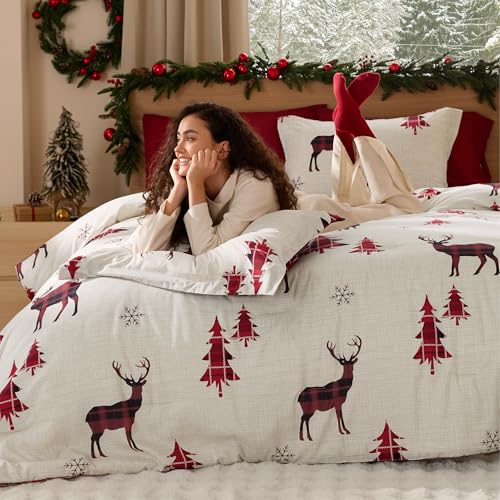 Image of Bedsure Christmas Comforter Set Queen - Christmas Bed Set with Reindeer, Soft Bedding for Holiday, 3 Pieces, 1 Reversible Buffalo Check Printed Comforter and 2 Pillow Shams