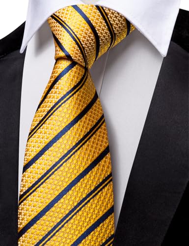 Image of Barry.Wang Gold Blue Silk Men Ties Formal Stripes Necktie and Tie Clip for Wedding Party Business Fashion Classic