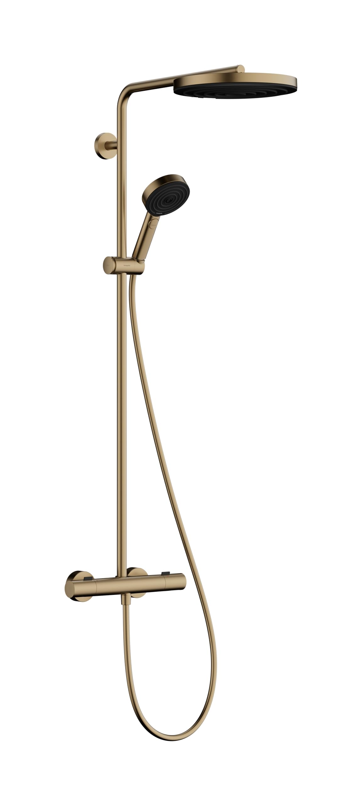hansgrohe Pulsify S Puro - sistema de ducha ahorro de agua (EcoSmart) con termostato, ducha lluvia (260mm) con grifo, ducha de mano, flexo ducha, barra y ducha fija redonda, bronce cepillado, 24237140