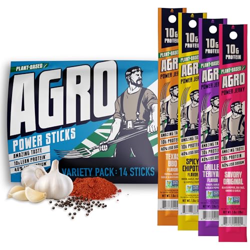 Image of Variety Pack Vegan Jerky Sticks, High Protein Plant Based Snack, 14 Sticks | AGRO POWER Jerky Sticks, High Protein, Non-GMO, Low Sodium, No Cholesterol, Meatless Healthy Snack for Lunch, On-the Go Fuel
