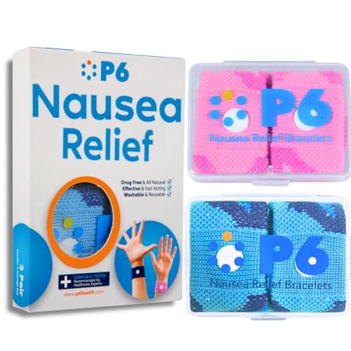 Image of P6 Motion Sickness Bands for Adults Wristbands for Anti Nausea Sea Cruise Travel Car Pregnancy Morning Sickness All-Natural Non Drowsy Relief Acupressure Treatment (2 Pack Pink - Blue)