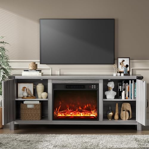 image for YESHOMY Fireplace TV Stand with Two Barn Doors and Storage Cabinets fo
