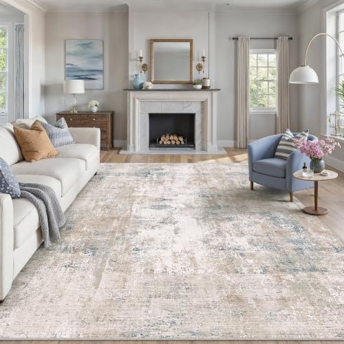 8x10 Beige Blue Abstract Area Rug