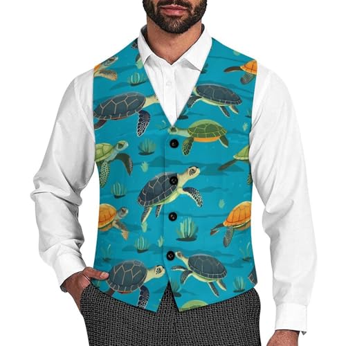 Sea Turtles PatternMen's Suit Vest Slim Fit Formal Dress Waistcoat V Neck Casual Business Vests for Suit Or Tuxedo