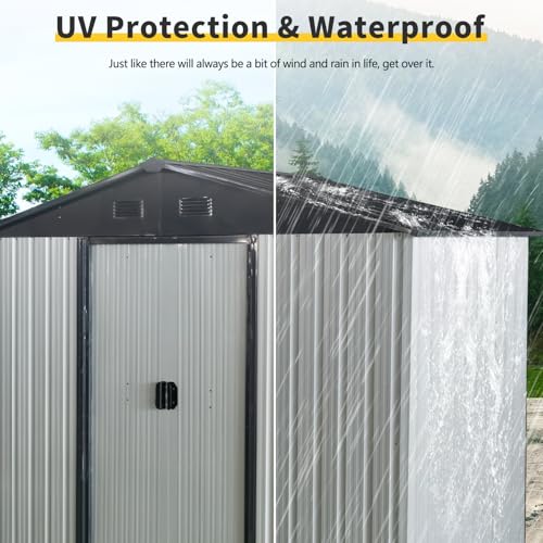 Ball-Cast-8x4ft-Metal-Outdoor-Storage-Shed-with-Sliding-Lockable-Door-and-FoundationSteel-Garden-Sheds-WSloped-RoofAll-Weather-Waterproof-Tool-Housefor-BackyardPatioLawnGardenWhiteBlack Ball Cast 8x4ft Metal Outdoor Storage Shed with Sliding Lockable Door and FoundationSteel Garden Sheds WSloped RoofAll Weather Waterproof Tool Housefor BackyardPatioLawnGardenWhiteBlack