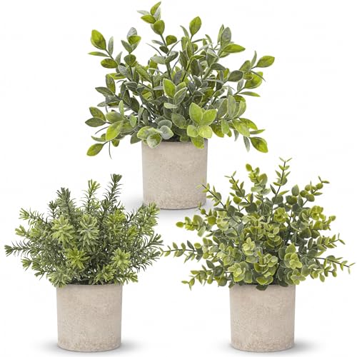 Der Rose 3 Pack Mini Potted Fake Plants Artificial Plastic Eucalyptus Plants Topiaries for Home Office Desk Farmhouse Shelf Room Bathroom Decor(Sage Green)