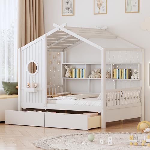 Bellemave Full Size House Bed with Storage Drawers Kids House Bed Frame with Shelves Cute Wood House Bed Full Size with Roof for Kids Girls Boys White