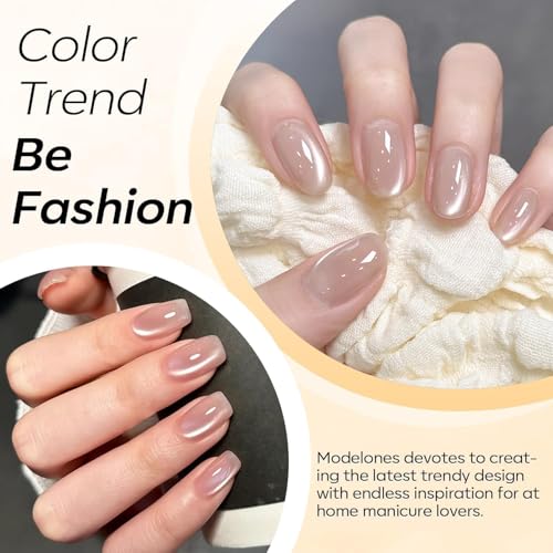Image of modelones Silk Cat Eye Gel Nail Polish,Pearl Nude Gel Polish Glitter Glass Polish with Magnet Soak Off Led Shimmer Shell Valentin 15 ML