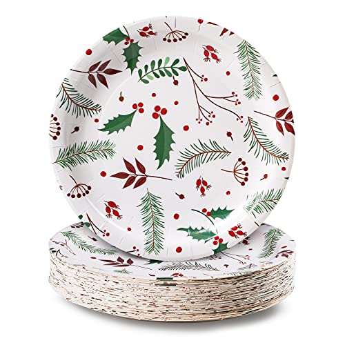 MATICAN Platos de papel para fiesta, paquete de 50 platos de papel desechables, suministros de fiesta de Navidad, diseño de acebo navideño, platos de cena de 9 pulgadas