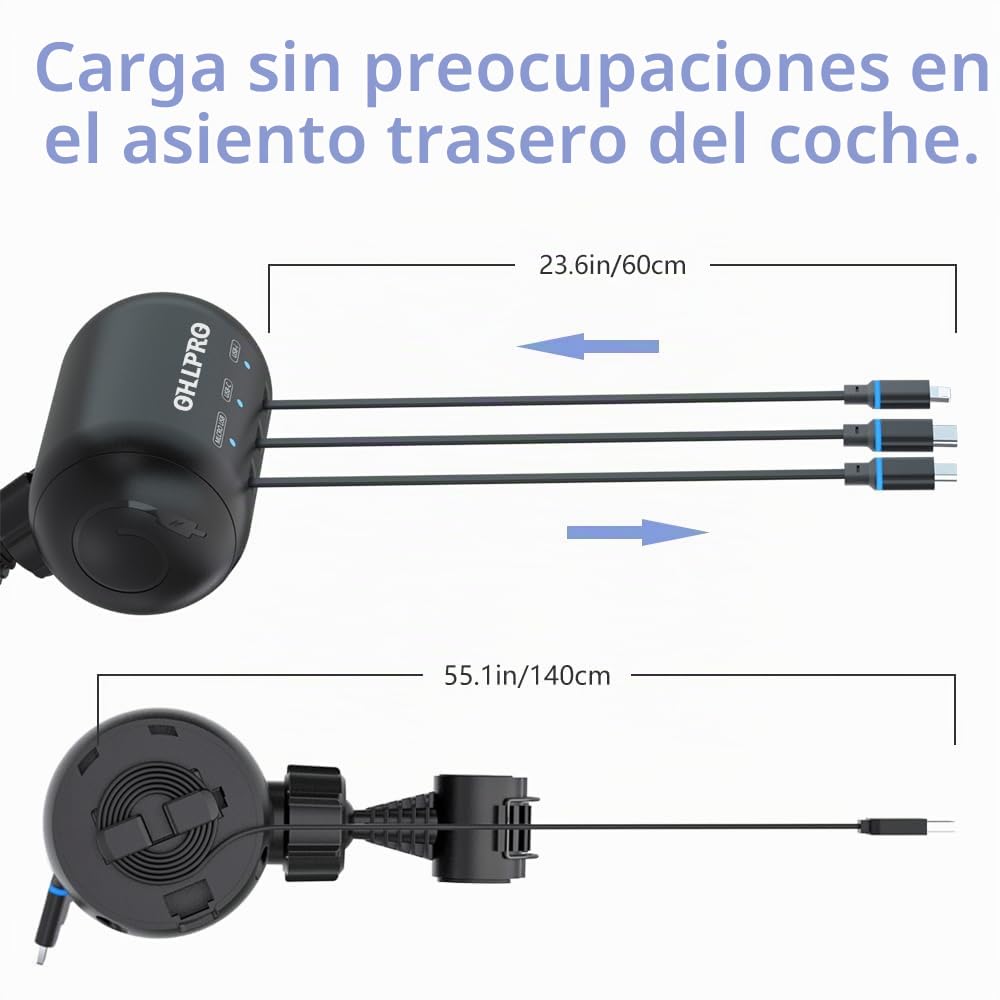 OHLPRO Cargador Retráctil para Asiento Trasero 3 en 1 | Cargador para Coche Compatible con iPhone, Samsung y Todos los Teléfonos | Ideal para Taxi, Uber, Lyft, Turo