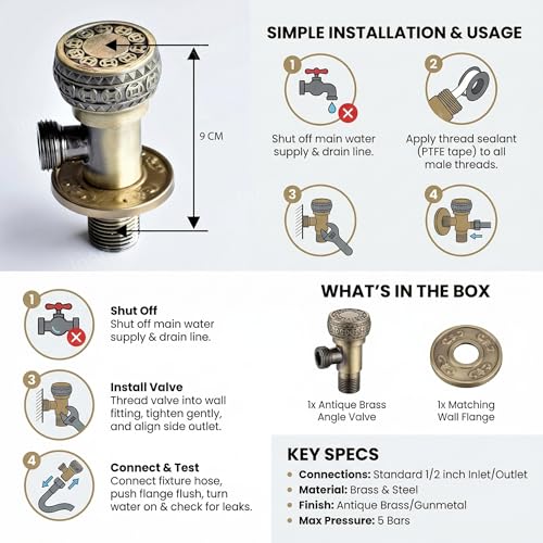 Image of InArt Zinc Angle Cock Valve for Bathroom & Kitchen | Stop Cock with Wall Flange | Antique Brass Finish (Antique Bronze) - 5 Year Warranty
