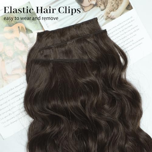 Image of KooKaStyle Clip in Synthetic Hair Extensions Long Wavy 4PCS Thick Hairpieces Dark Walnut Brown Fiber Double Weft Natural Hair Extensions 20 Inch for Women